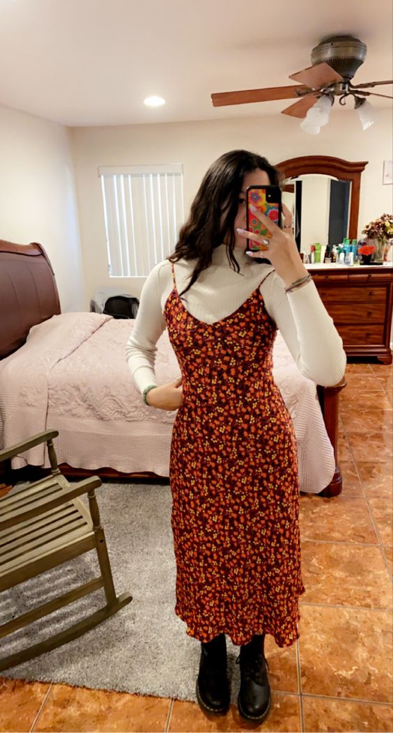 Floral Sundress with Turtleneck and Boots